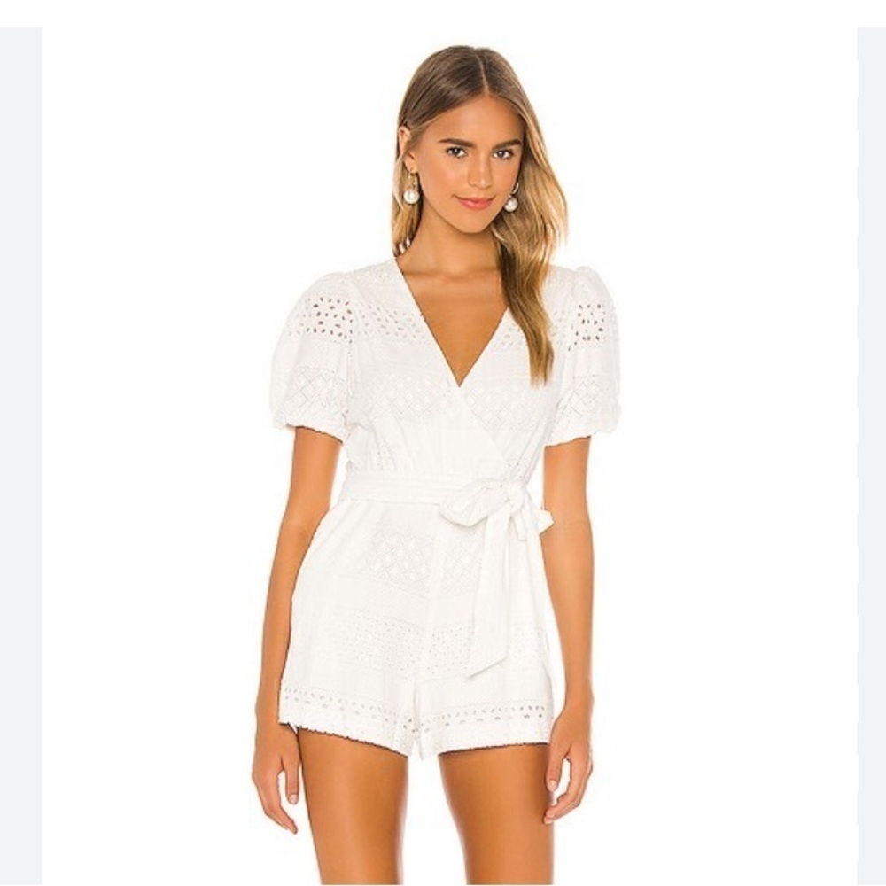 Alice + Olivia Paulina Puff Sleeve Eyelet Romper - Picture 2 of 12